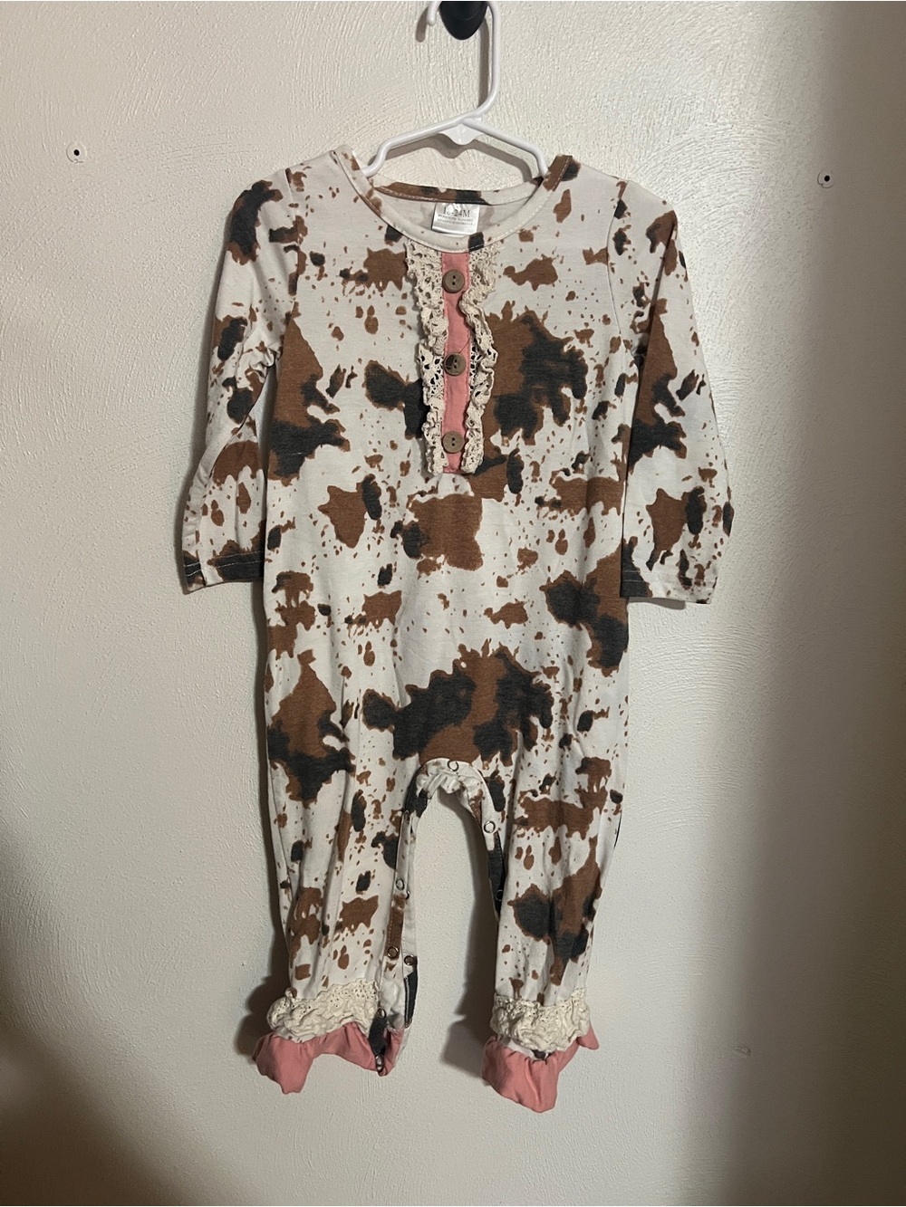 Western Cow Print Ruffles Lace Trim Button Closure Romper Brown Pink Sz 18-24 mo